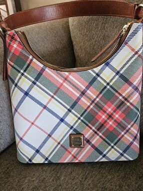 Dooney & Bourke Multicolor Plaid Shoulder Hobo with Brown Leather Trim
